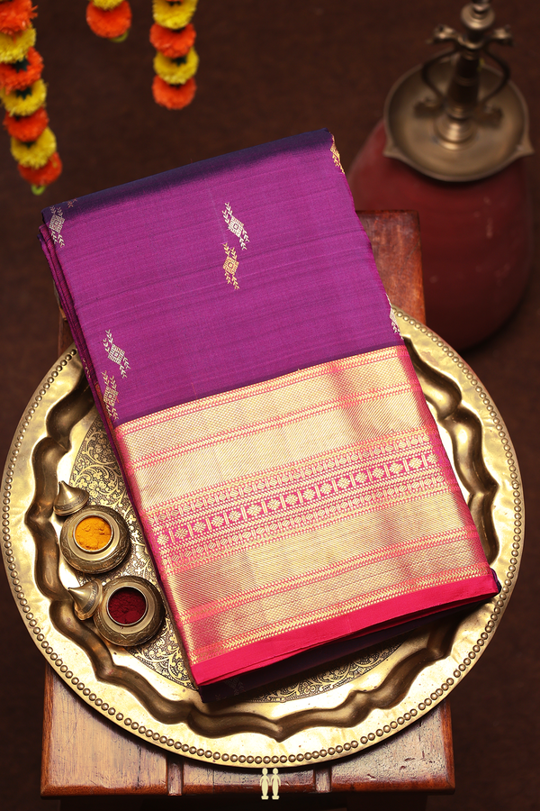 Kanchipuram Silk Saree In Purple With Zari Buttas