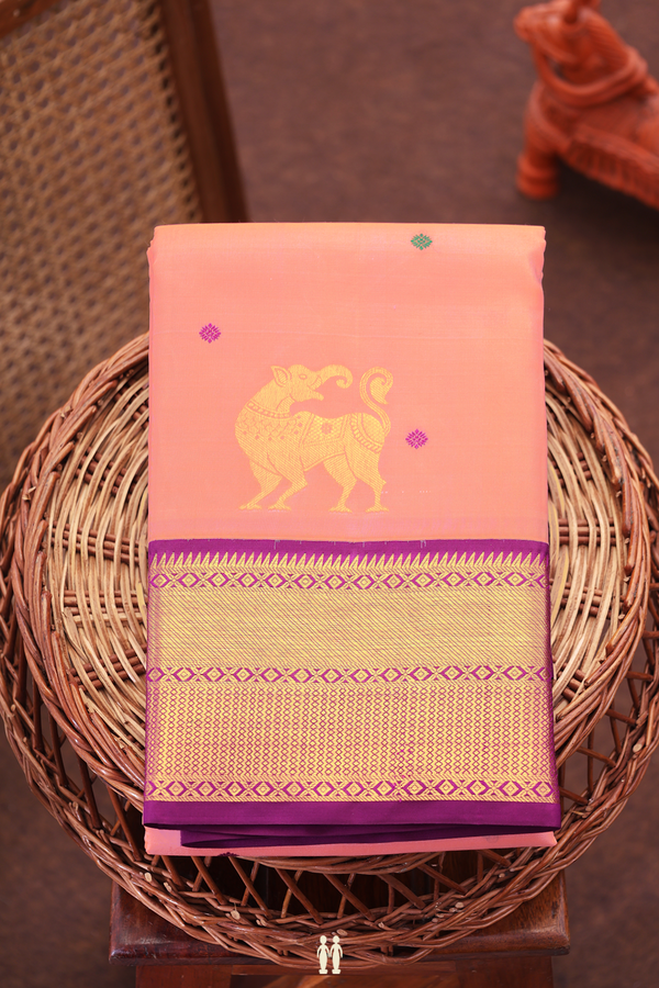 Kanchipuram Silk Saree In Peach Pink With Threadwork Buttas