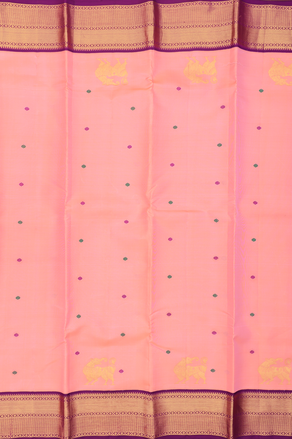 Kanchipuram Silk Saree In Peach Pink With Threadwork Buttas