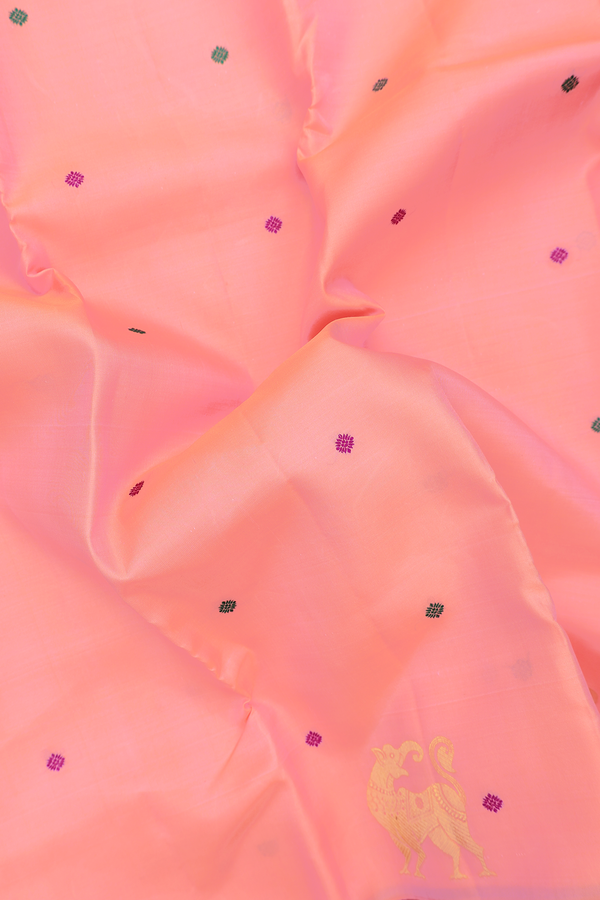 Kanchipuram Silk Saree In Peach Pink With Threadwork Buttas