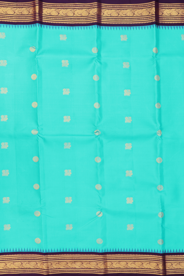 Kanchipuram Silk Saree In Turquoise Blue With Peacock Buttas