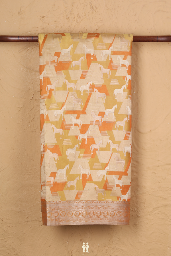 Mysore Silk Saree In Orange And Yellow With Horse Design
