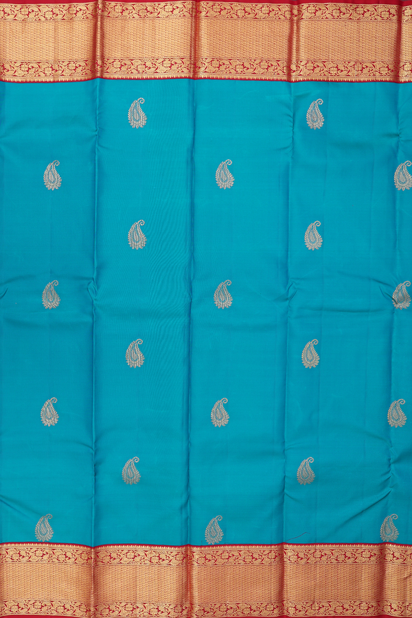 Kanchipuram Silk Saree In Cerulean Blue With Paisley Buttas