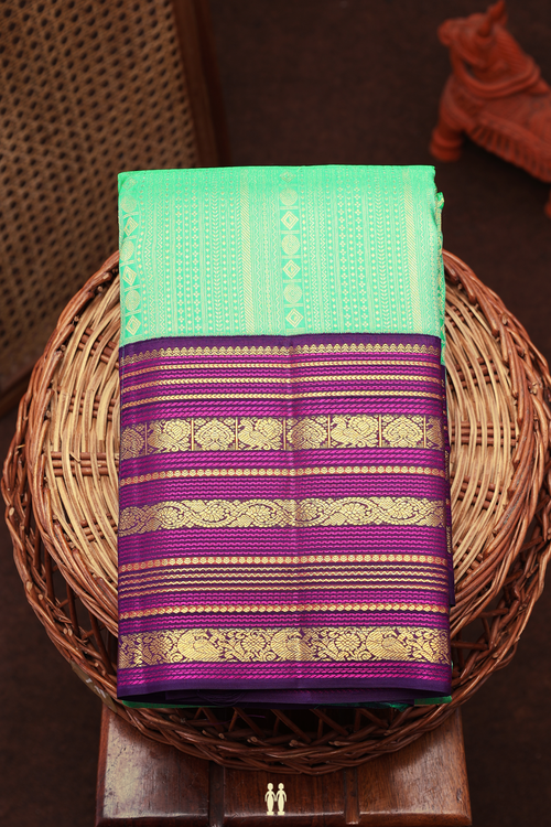 Kanchipuram Silk Saree In Aqua Green With Stripes Design