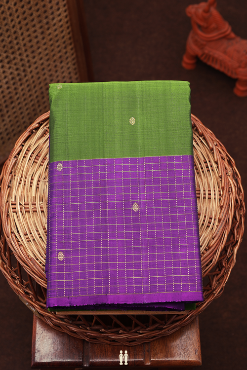 Kanchipuram Silk Saree In Olive Green With Floral Buttis