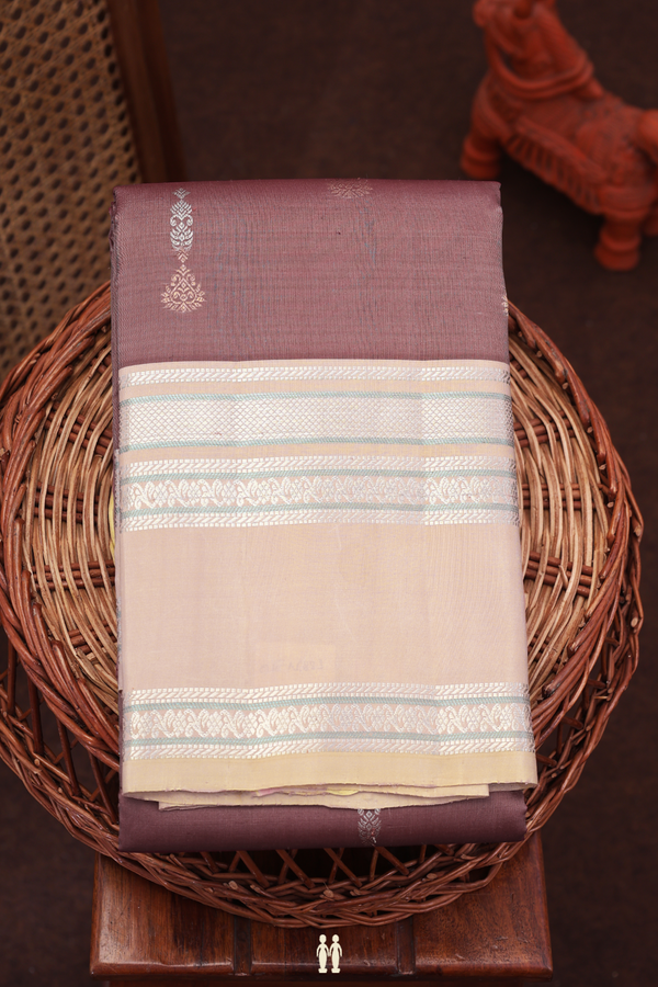 Kanchipuram Silk Saree In Plum Brown With Zari Buttas