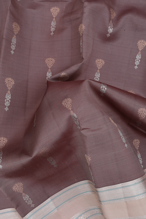 Kanchipuram Silk Saree In Plum Brown With Zari Buttas