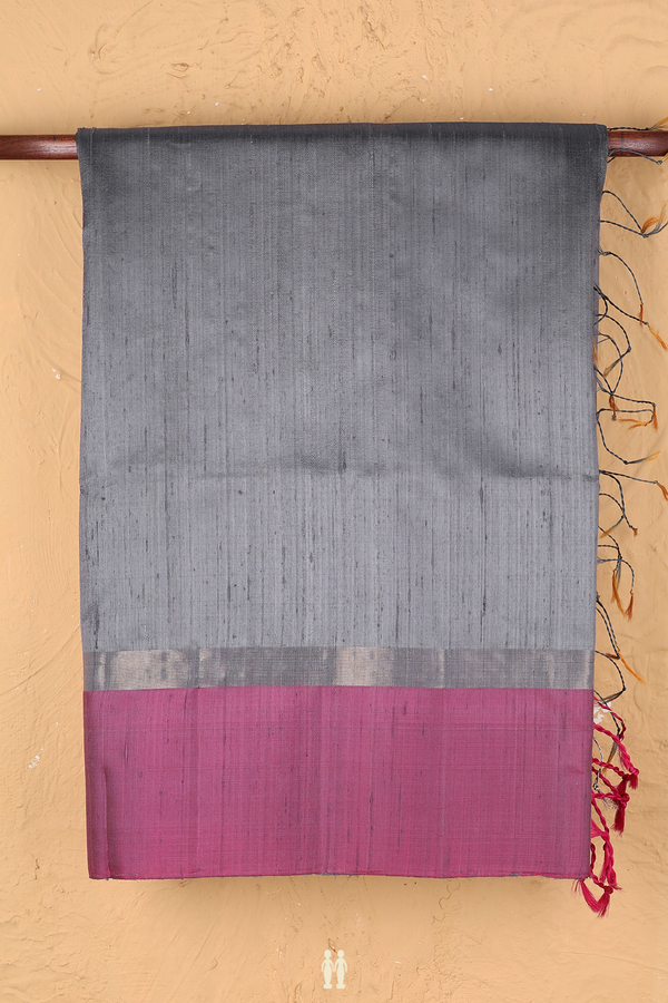 Raw Silk Saree In Grey With Contrast Border