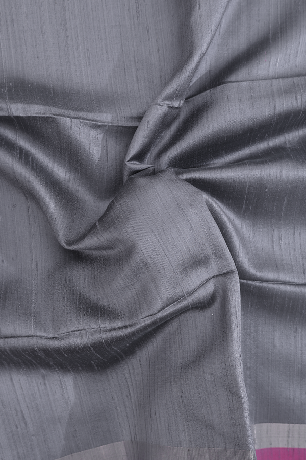 Raw Silk Saree In Grey With Contrast Border