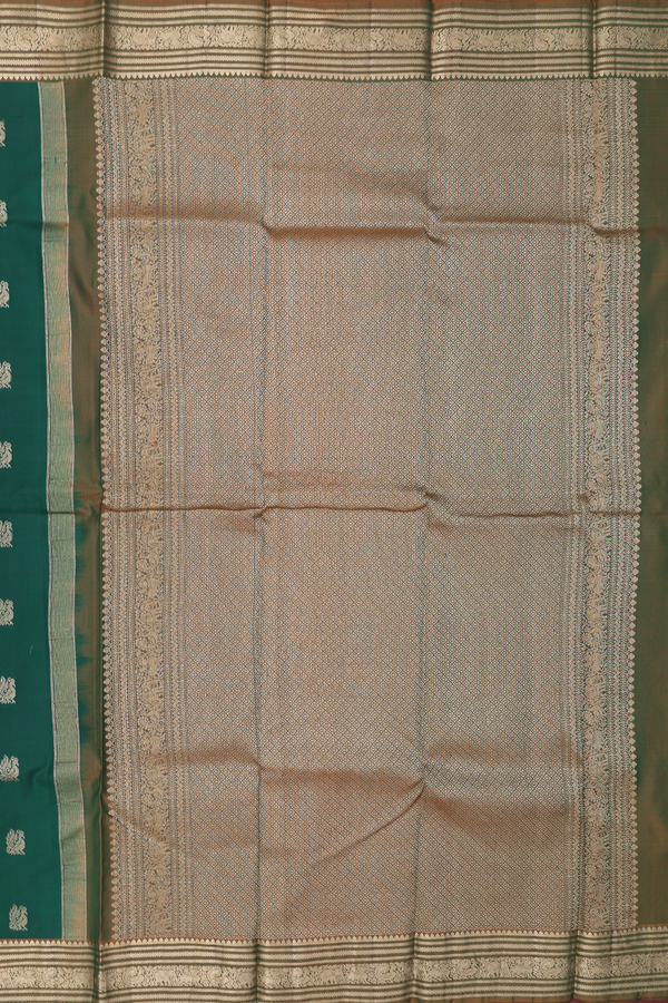 Kanchipuram Silk Saree In Forest Green With Peacock Buttas