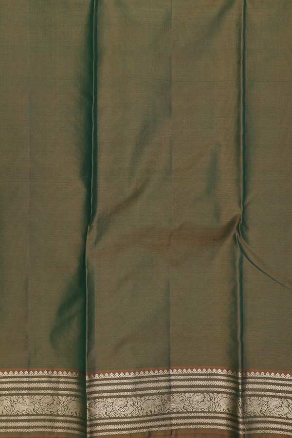 Kanchipuram Silk Saree In Forest Green With Peacock Buttas