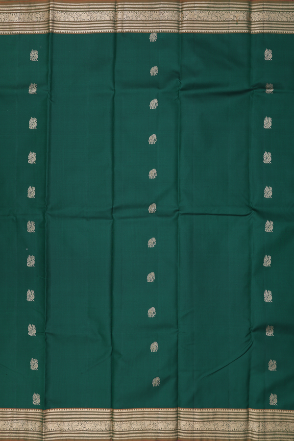 Kanchipuram Silk Saree In Forest Green With Peacock Buttas