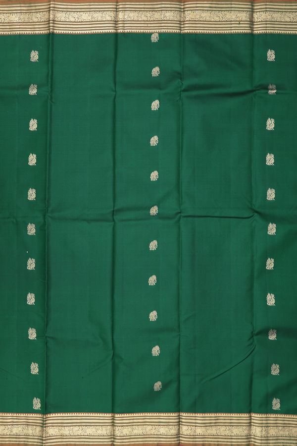 Kanchipuram Silk Saree In Forest Green With Peacock Buttas