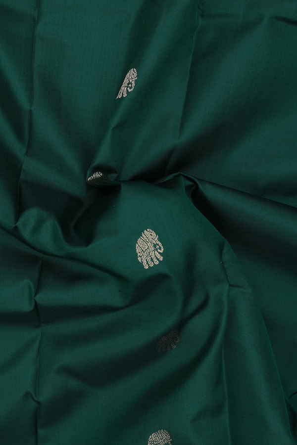 Kanchipuram Silk Saree In Forest Green With Peacock Buttas