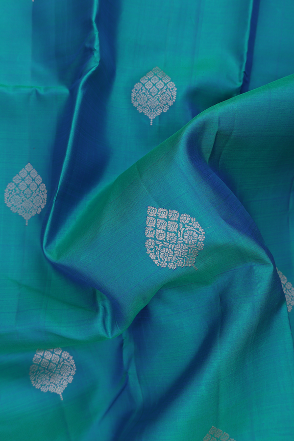 Kanchipuram Silk Saree In Peacock Blue With Zari Motifs