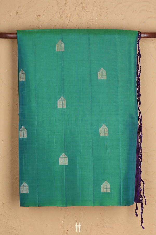 Soft Silk Saree In Bluish Green With Threadwork Buttas