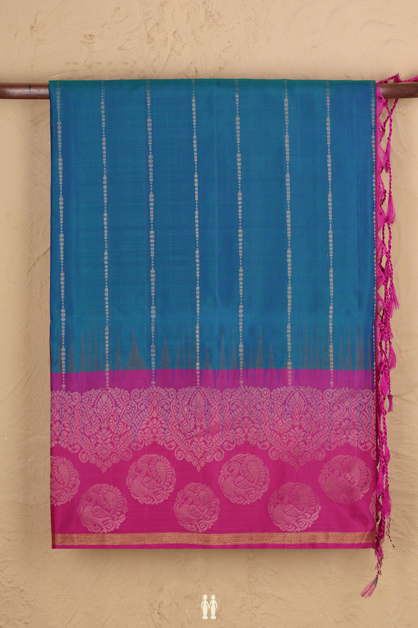 Soft Silk Saree In Prussian Blue With Stripes Design