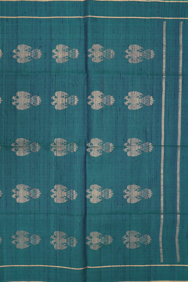 Raw Silk Saree In Teal Blue With Iruthalai Pakshi Pallu