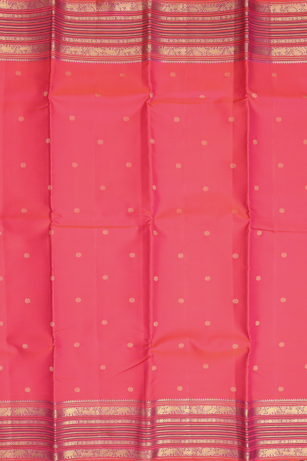 Kanchipuram Silk Saree In Coral Pink With Floral Buttas