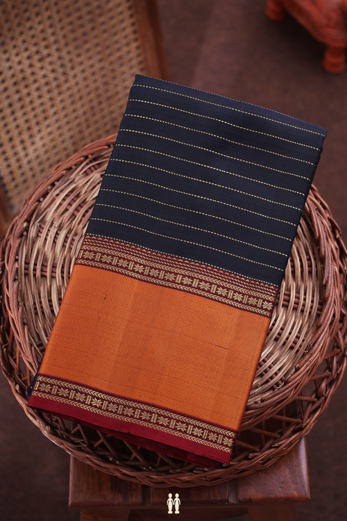 Kanchipuram Silk Saree In Navy Blue With Stripes Design