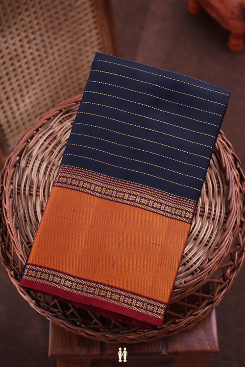 Kanchipuram Silk Saree In Navy Blue With Stripes Design