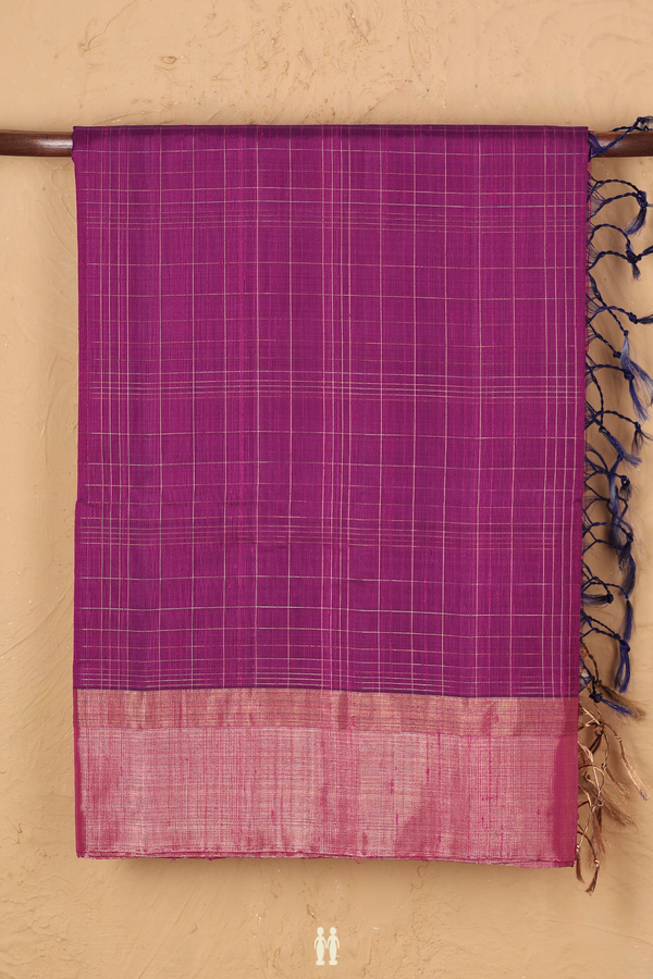 Raw Silk Saree In Purple Rose With Checks Design