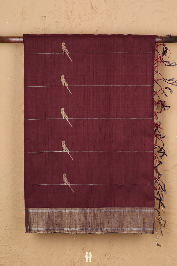 Raw Silk Saree In Maroon With Parrot Design