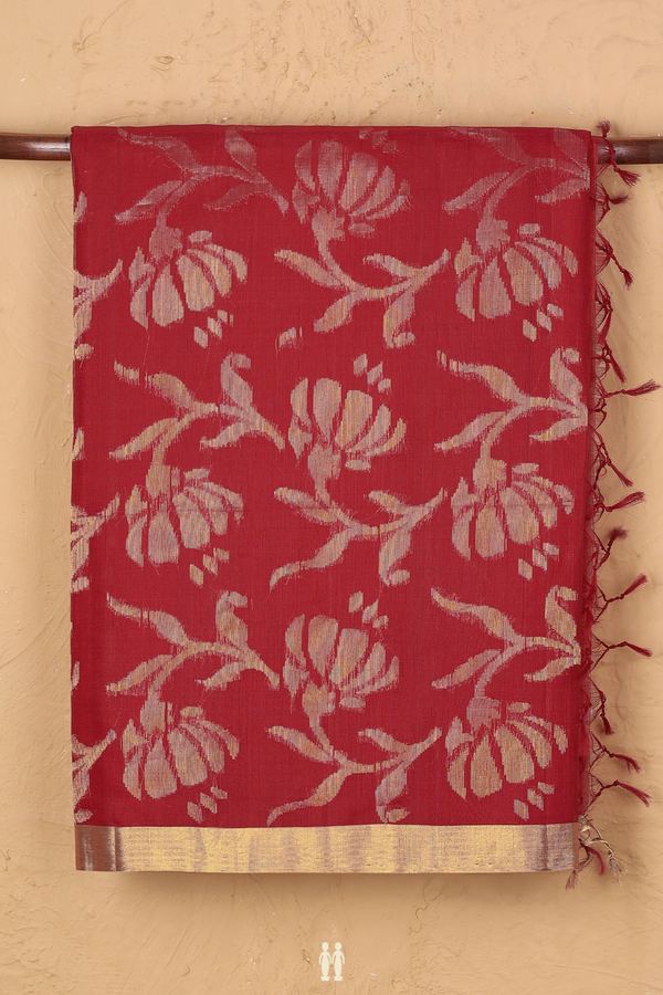 Raw Silk Saree In Crimson Red With Floral Design