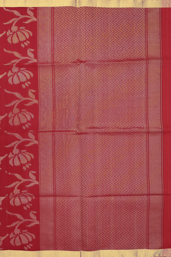 Raw Silk Saree In Crimson Red With Floral Design
