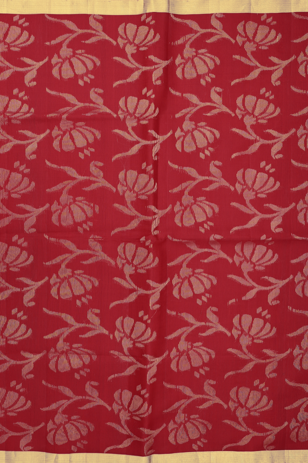 Raw Silk Saree In Crimson Red With Floral Design
