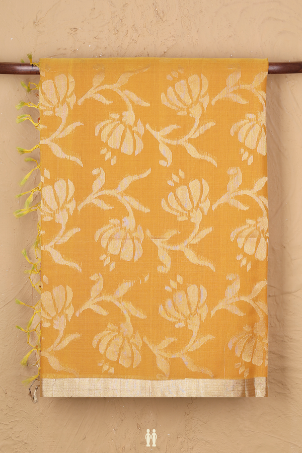 Raw Silk Saree In Saffron Yellow With Floral Design