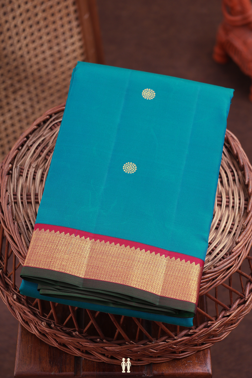Kanchipuram Silk Saree Peacock Blue With Peacock Chakram Buttas