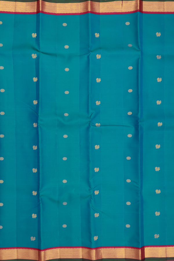 Kanchipuram Silk Saree Peacock Blue With Peacock Chakram Buttas
