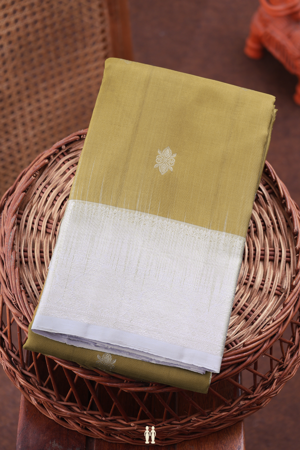 Kanchipuram Silk Saree In Dark Khaki With Floral Buttas
