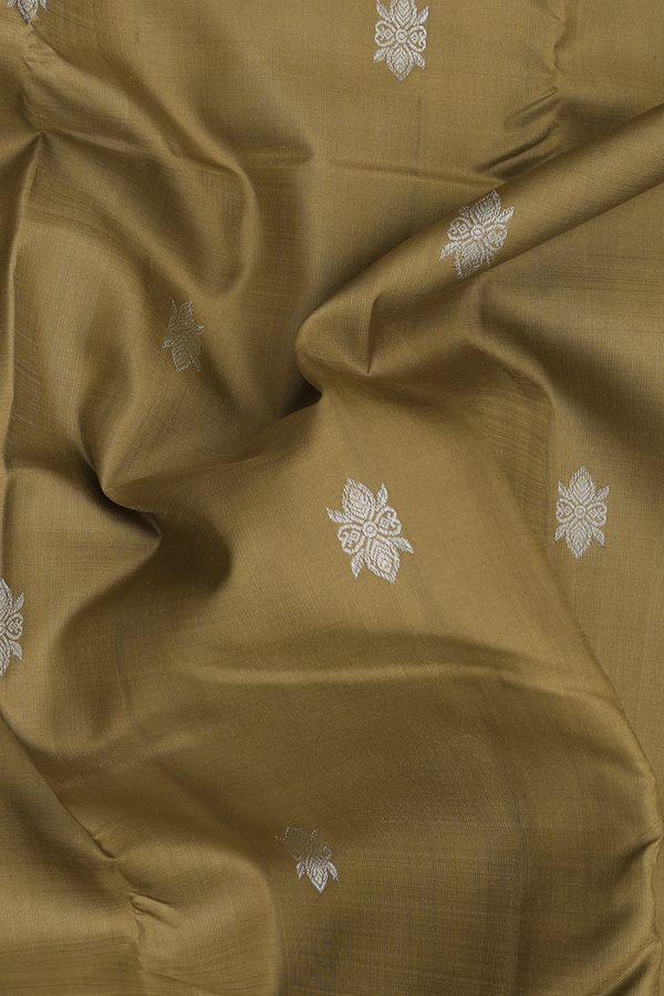 Kanchipuram Silk Saree In Dark Khaki With Floral Buttas