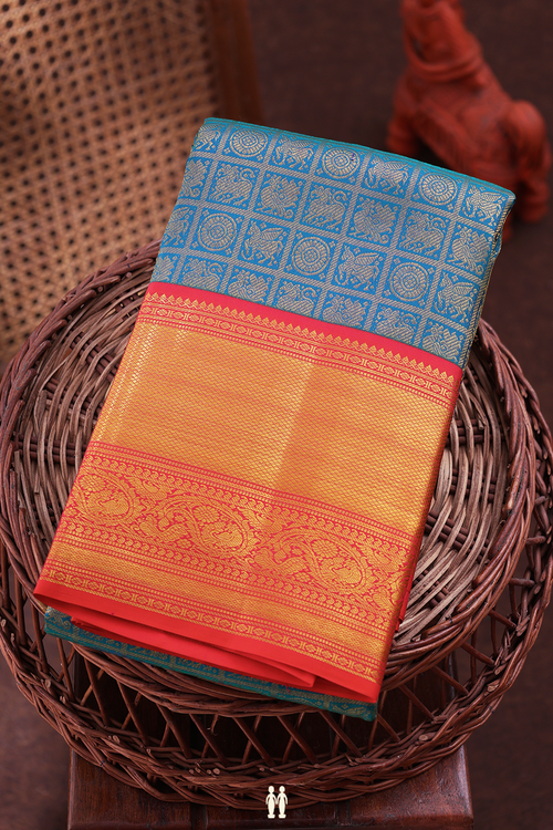 Kanchipuram Silk Saree In Teal Blue With Brocade Design