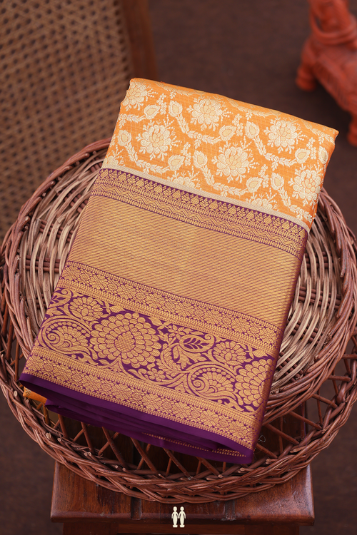 Kanchipuram Silk Saree In Orange With Floral Design