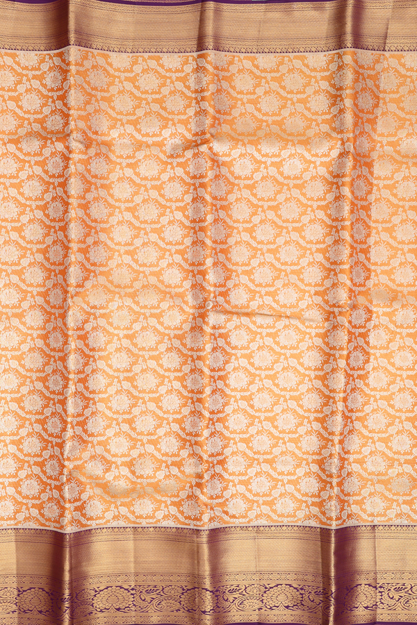 Kanchipuram Silk Saree In Orange With Floral Design