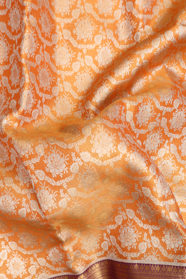 Kanchipuram Silk Saree In Orange With Floral Design