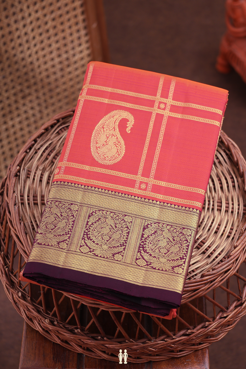 Kanchipuram Silk Saree In Coral Pink Along Checks With Motifs