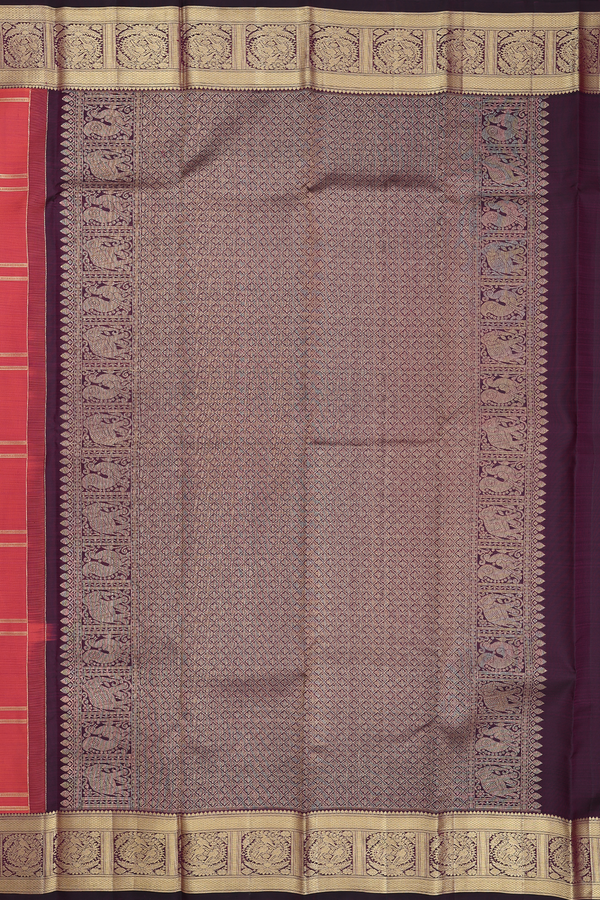Kanchipuram Silk Saree In Coral Pink Along Checks With Motifs