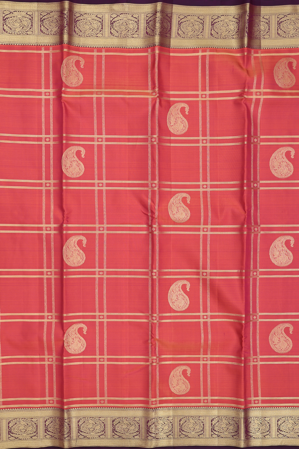 Kanchipuram Silk Saree In Coral Pink Along Checks With Motifs