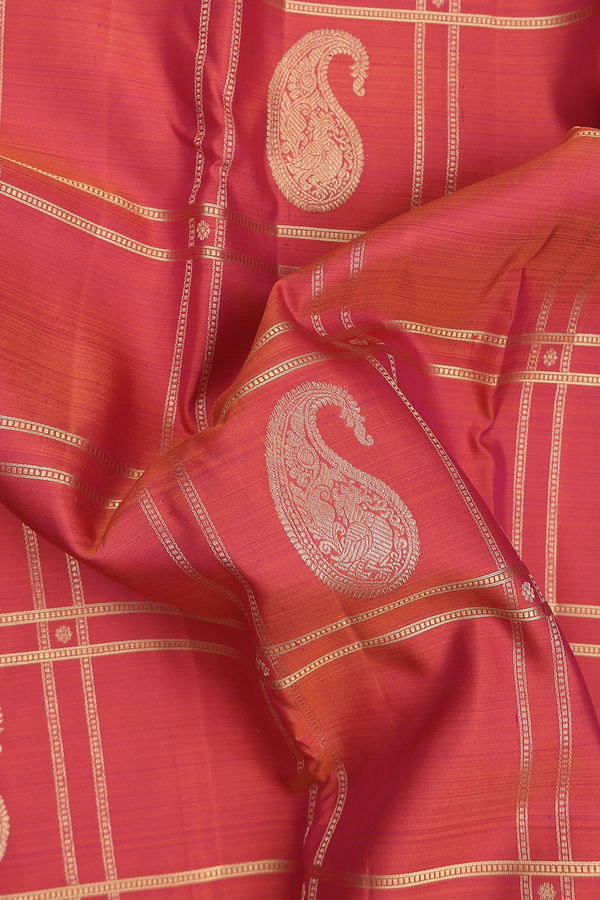 Kanchipuram Silk Saree In Coral Pink Along Checks With Motifs