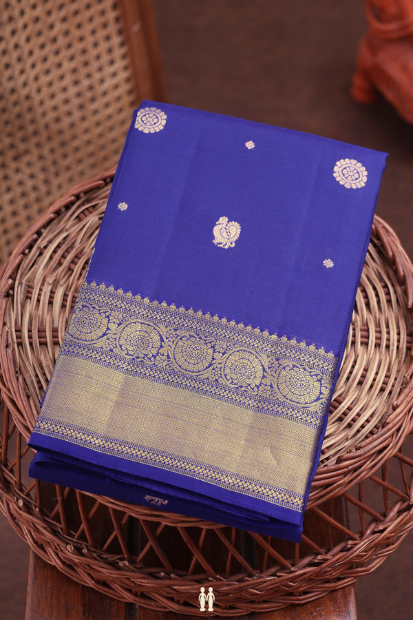Kanchipuram Silk Saree In Royal Blue With Peacock Buttas