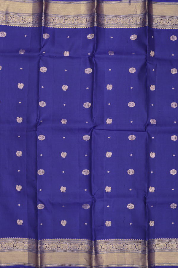 Kanchipuram Silk Saree In Royal Blue With Peacock Buttas