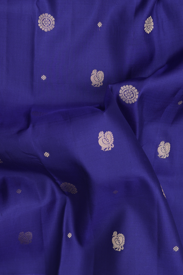 Kanchipuram Silk Saree In Royal Blue With Peacock Buttas