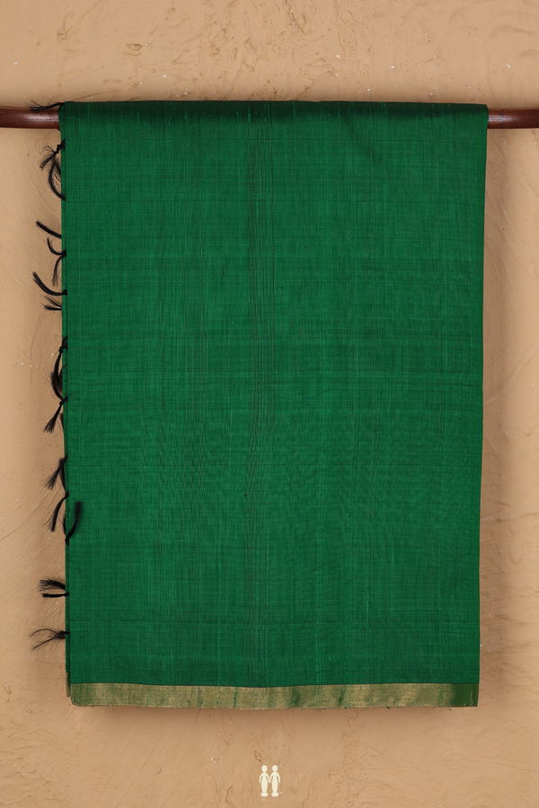 Raw Silk Saree In Emerald Green With Zari Border