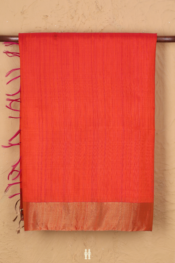 Raw Silk Saree In Coral Orange With Zari Border