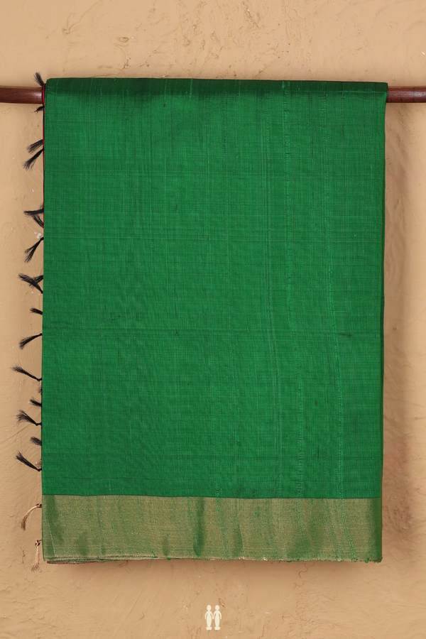 Raw Silk Saree In Plain Parrot Green With Bavanchi Border