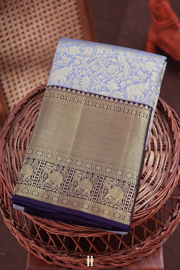 Kanchipuram Silk Saree In Bluish Grey With Vanasingaram Design